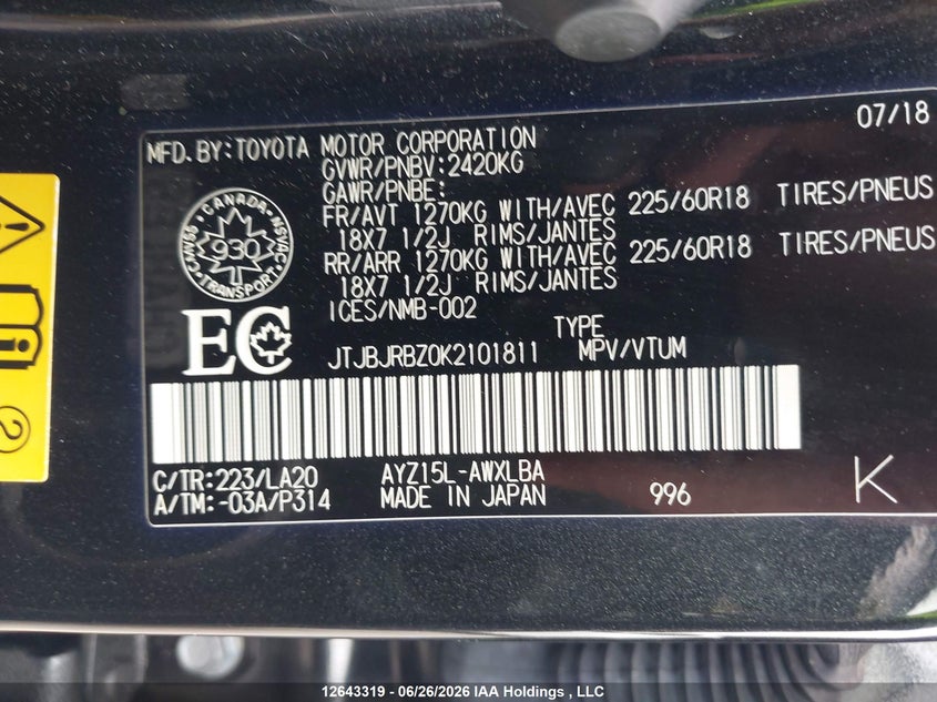2019 Lexus Nx 300H VIN: JTJBJRBZ0K2101811 Lot: 12643319