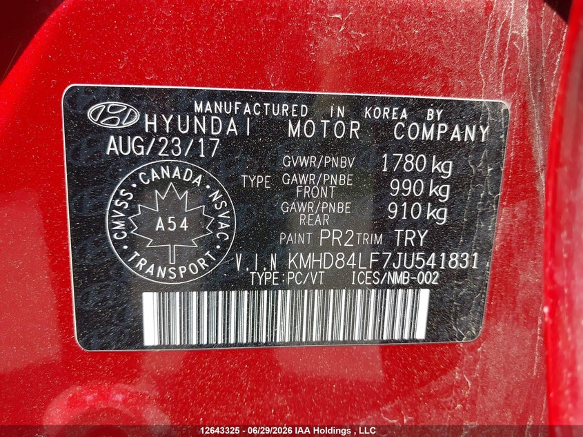 2018 Hyundai Elantra Sel/Value/Limited VIN: KMHD84LF7JU541831 Lot: 12643325