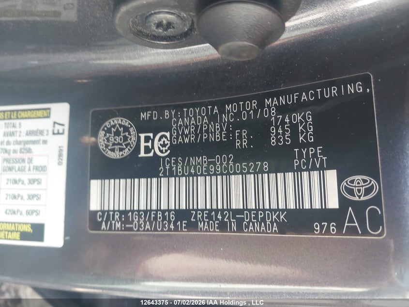 2009 Toyota Corolla Ce VIN: 2T1BU40E99C005278 Lot: 12643375