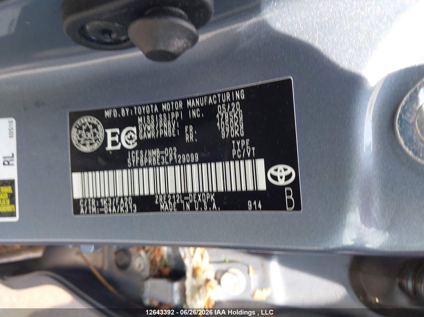 2020 TOYOTA COROLLA SEDAN 1.8L I-4 DOHC, VVT, 139HP