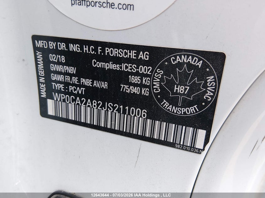 2018 Porsche 718 Boxster VIN: WP0CA2A82JS211006 Lot: 12643644