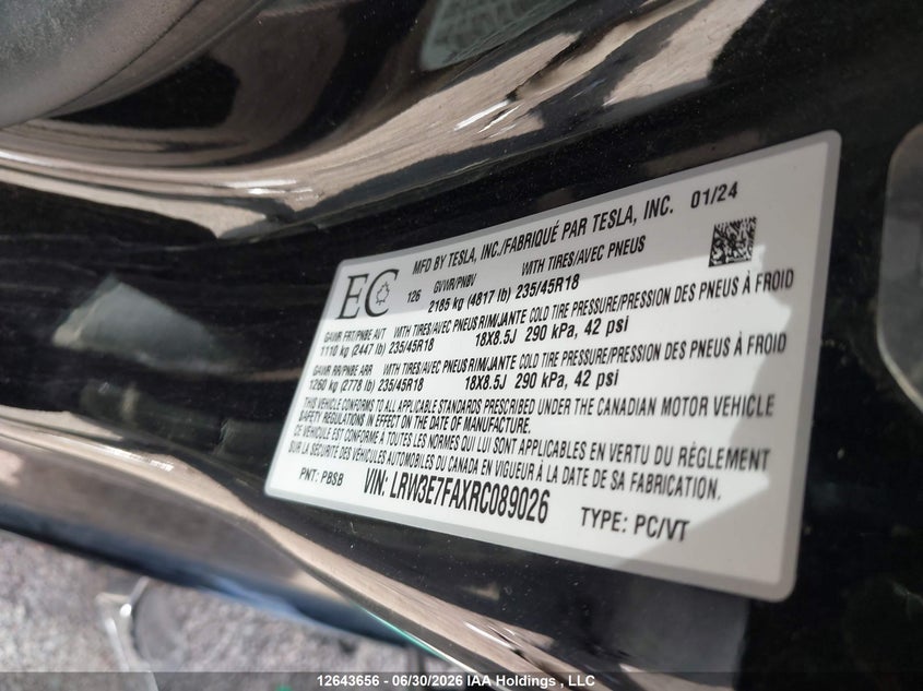 2024 Tesla Model 3 VIN: LRW3E7FAXRC089026 Lot: 12643656