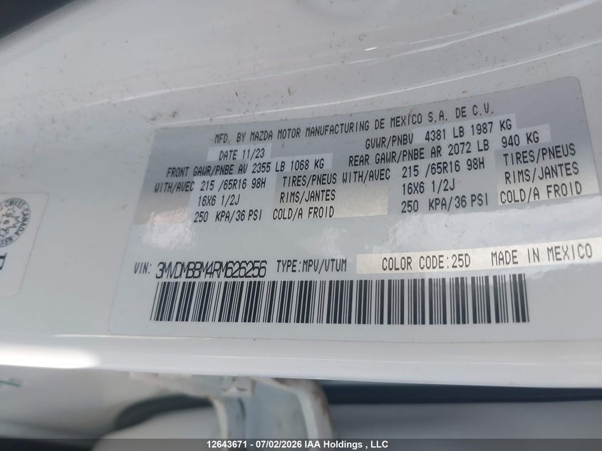 2024 Mazda Cx-30 Gx VIN: 3MVDMBBM4RM626256 Lot: 12643671