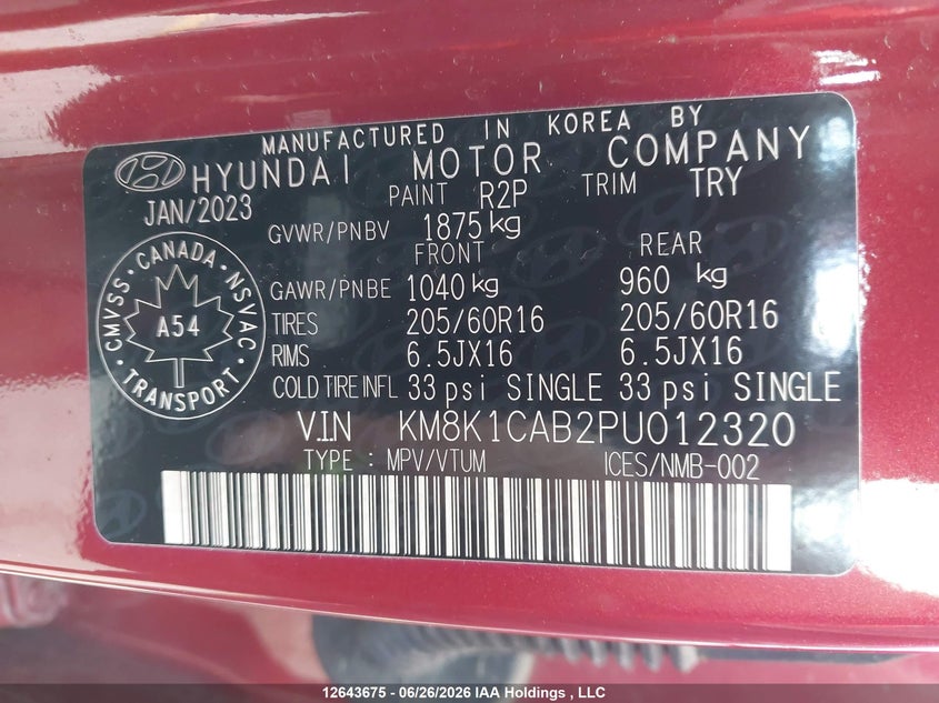 2023 Hyundai Kona Essential Awd VIN: KM8K1CAB2PU012320 Lot: 12643675