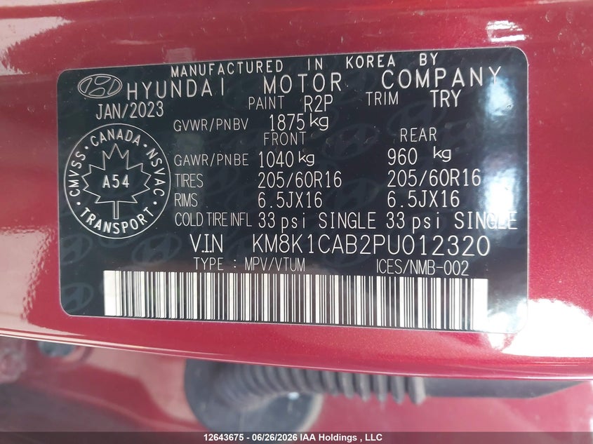 2023 Hyundai Kona Essential Awd VIN: KM8K1CAB2PU012320 Lot: 12643675