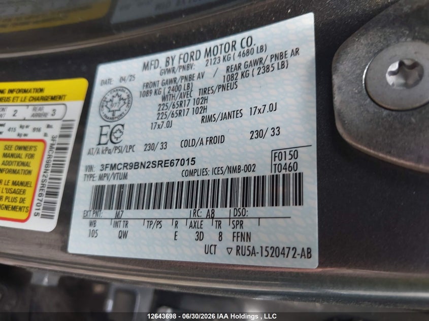 2025 Ford Bronco Sport VIN: 3FMCR9BN2SRE67015 Lot: 12643698