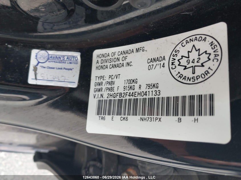 2014 HONDA CIVIC SEDAN 1.8L I-4 VVT, 143HP