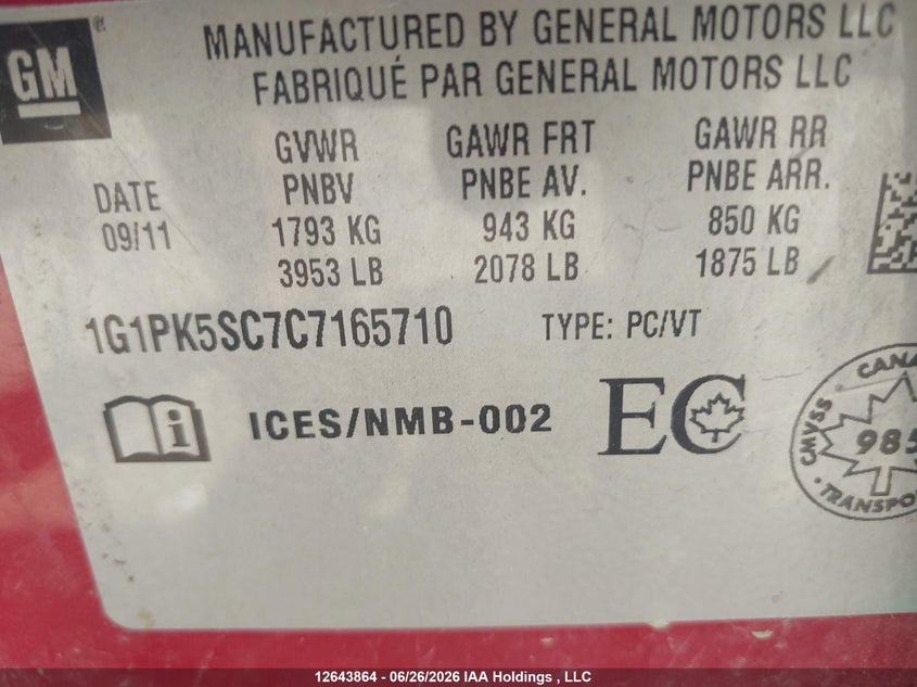 2012 Chevrolet Cruze Eco VIN: 1G1PK5SC7C7165710 Lot: 12643864