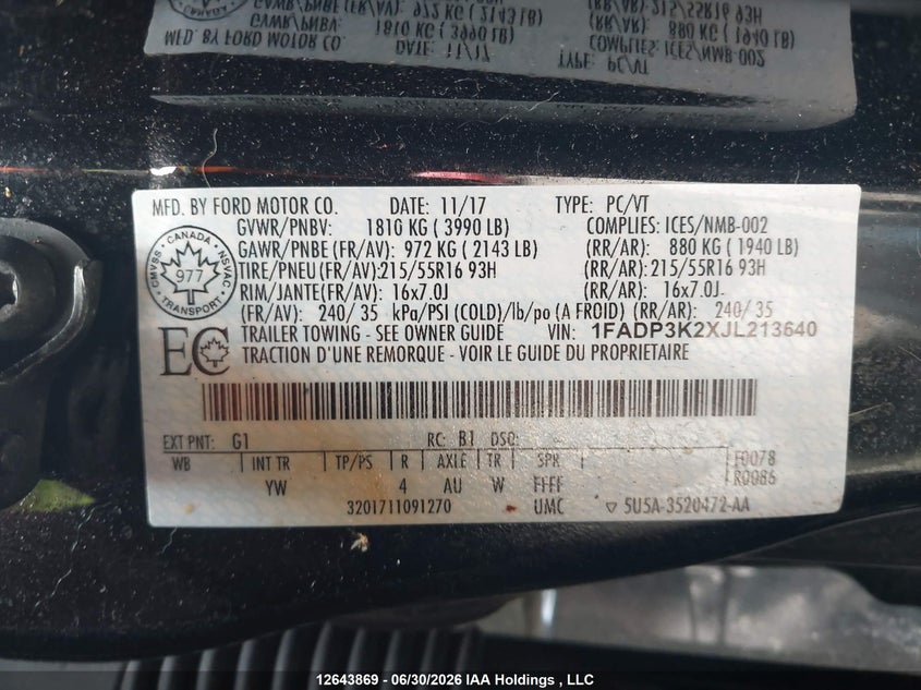 2018 Ford Focus Se VIN: 1FADP3K2XJL213640 Lot: 12643869
