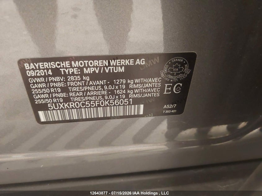 2015 BMW X5 SPORT UTILITY VEHICLE 3.0L I-6 DI, DOHC, VVT, TURBO, 300HP