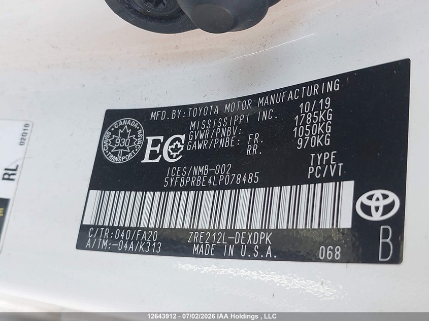 2020 Toyota Corolla L VIN: 5YFBPRBE4LP078485 Lot: 12643912