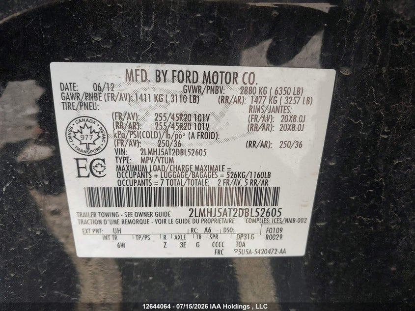 2013 Lincoln Mkt VIN: 2LMHJ5AT2DBL52605 Lot: 12644064