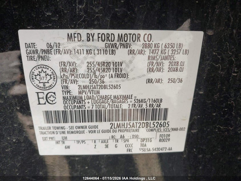 2013 Lincoln Mkt VIN: 2LMHJ5AT2DBL52605 Lot: 12644064