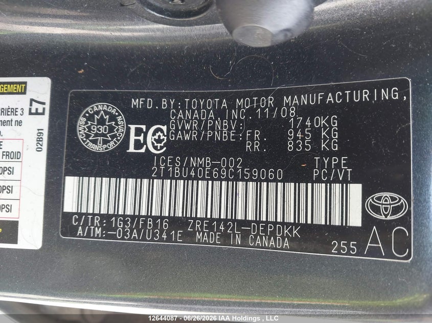 2009 TOYOTA COROLLA SEDAN 1.8L I-4 DOHC, VVT, 132HP