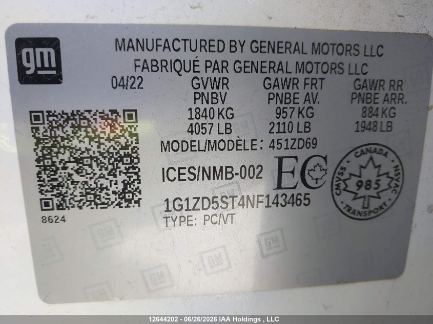 2022 Chevrolet Malibu Lt VIN: 1G1ZD5ST4NF143465 Lot: 12644202