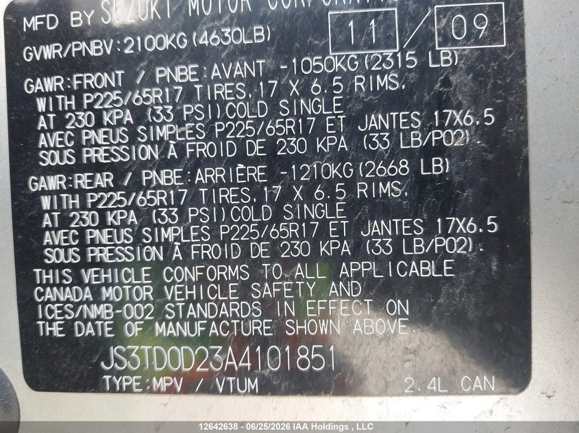 2010 Suzuki Grand Vitara Jx VIN: JS3TD0D23A4101851 Lot: 12642638x