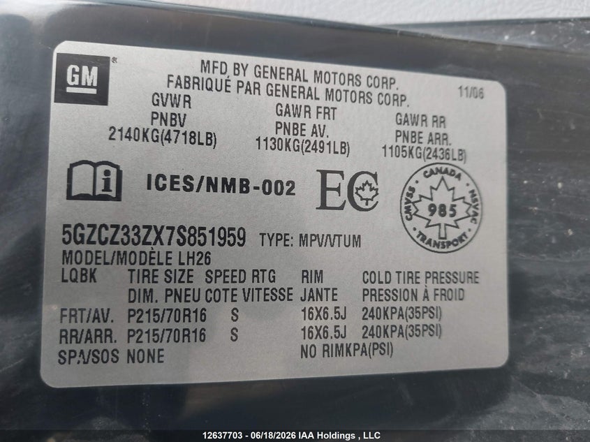 2007 Saturn Vue Hybrid 4 Cyl VIN: 5GZCZ33ZX7S851959 Lot: 12637703X