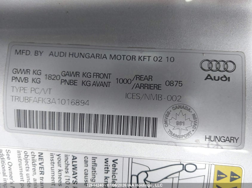 2010 Audi Tt 2.0T VIN: TRUBFAFK3A1016894 Lot: 12644240