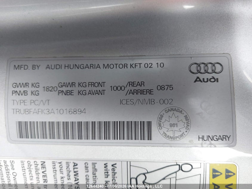 2010 Audi Tt 2.0T VIN: TRUBFAFK3A1016894 Lot: 12644240