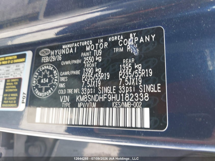 2017 Hyundai Santa Fe VIN: KM8SNDHF9HU182338 Lot: 12644285