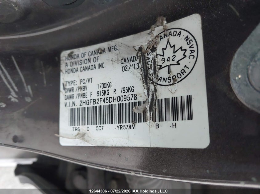 2013 HONDA CIVIC SEDAN 1.8L I-4 VVT, 140HP