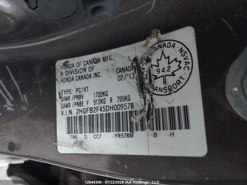 2013 HONDA CIVIC SEDAN 1.8L I-4 VVT, 140HP