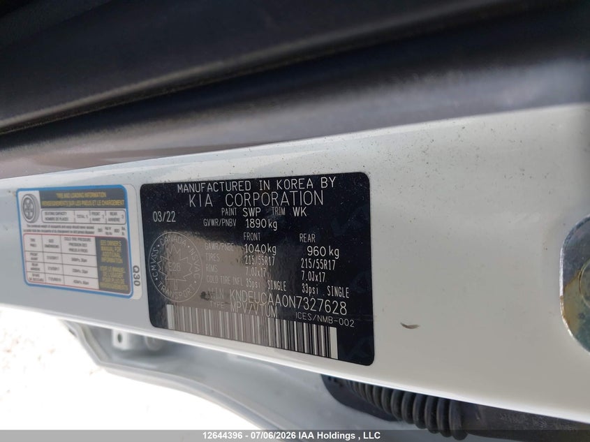 2022 Kia Seltos S VIN: KNDEUCAA0N7327628 Lot: 12644396