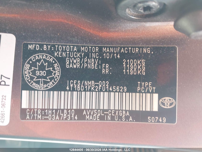 2015 Toyota Camry Hybrid/Le/Xle/Se VIN: 4T1BD1FK2FU145629 Lot: 12644405