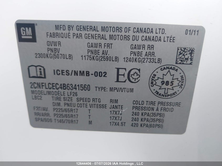 2011 CHEVROLET EQUINOX SPORT UTILITY VEHICLE 2.4L I-4 DI, DOHC, VVT, 182HP
