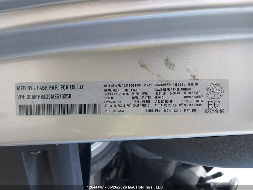 2021 Ram Promaster 3500 High Roof Extended 159 In. Wb VIN: 3C6MRVJG9ME513350 Lot: 12644447