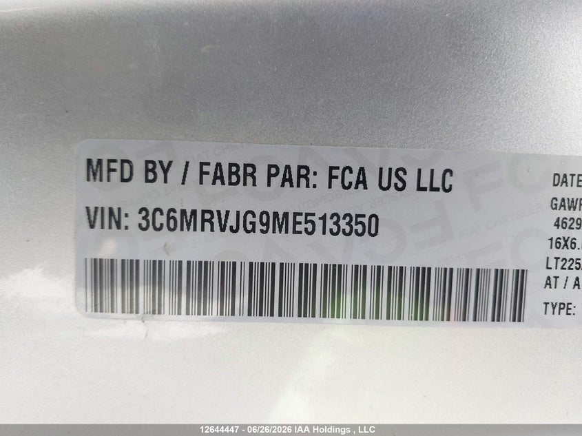 2021 Ram Promaster 3500 High Roof Extended 159 In. Wb VIN: 3C6MRVJG9ME513350 Lot: 12644447