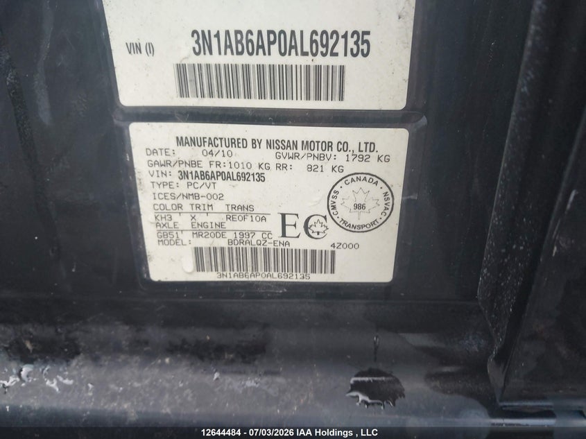 2010 Nissan Sentra 2.0/2.0S/Sr/2.0Sl VIN: 3N1AB6AP0AL692135 Lot: 12644484