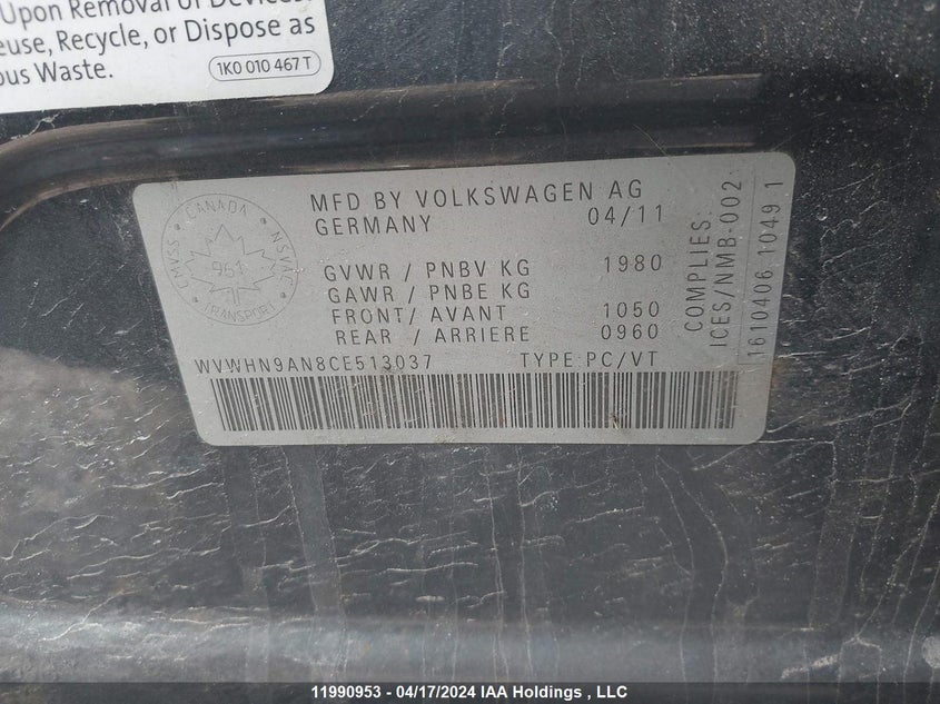 2012 Volkswagen Passat Cc VIN: WVWHN9AN8CE513037 Lot: 11990953X