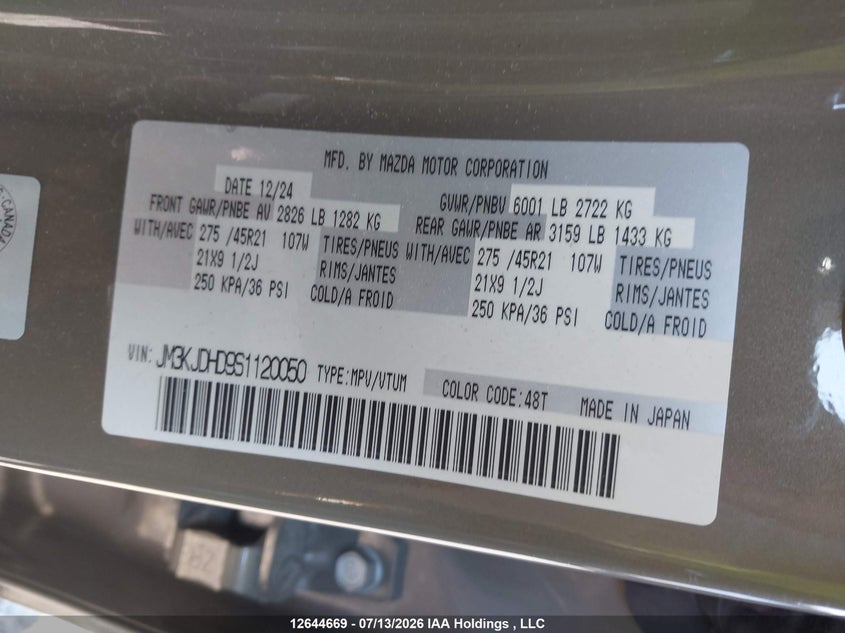 2025 Mazda Cx-70 Mhev VIN: JM3KJDHD9S1120050 Lot: 12644669