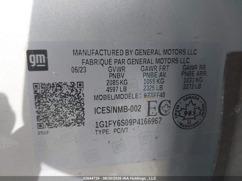 2023 Chevrolet Bolt Euv Lt VIN: 1G1FY6S09P4166967 Lot: 12644720