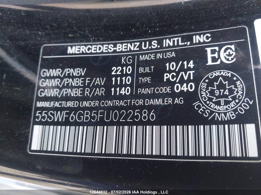 2015 Mercedes-Benz C 400 4Matic VIN: 55SWF6GB5FU022586 Lot: 12644832