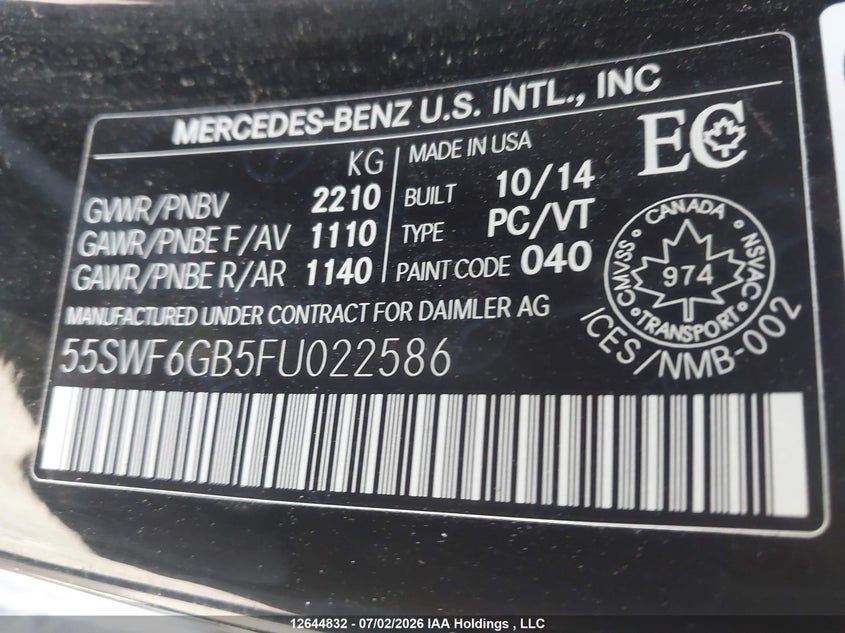 2015 Mercedes-Benz C 400 4Matic VIN: 55SWF6GB5FU022586 Lot: 12644832
