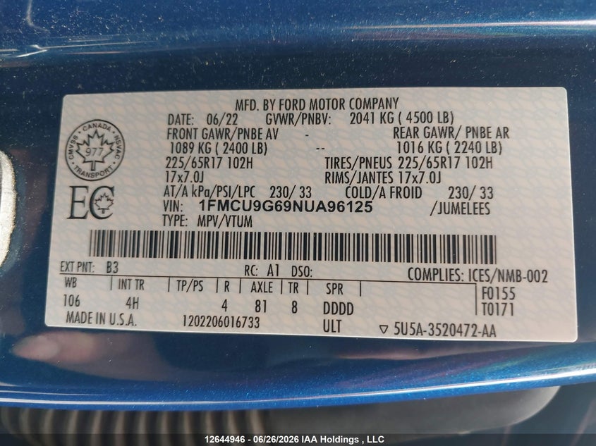 2022 Ford Escape Se VIN: 1FMCU9G69NUA96125 Lot: 12644946