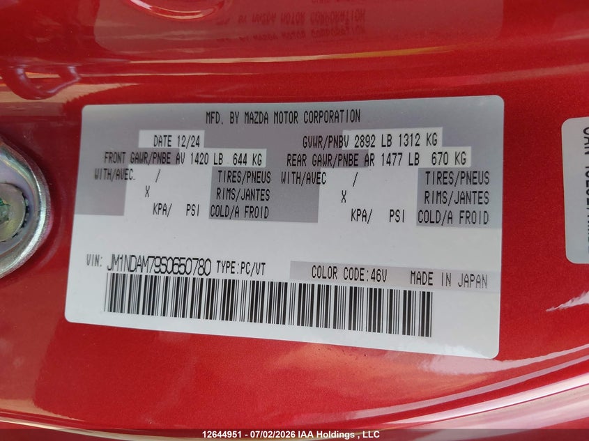 2025 Mazda Mx-5 Miata Grand Touring VIN: JM1NDAM79S0650780 Lot: 12644951