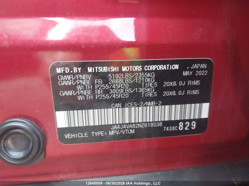 2022 Mitsubishi Outlander Sel/Sel Special Edition VIN: JA4J4VA82NZ618038 Lot: 12645009