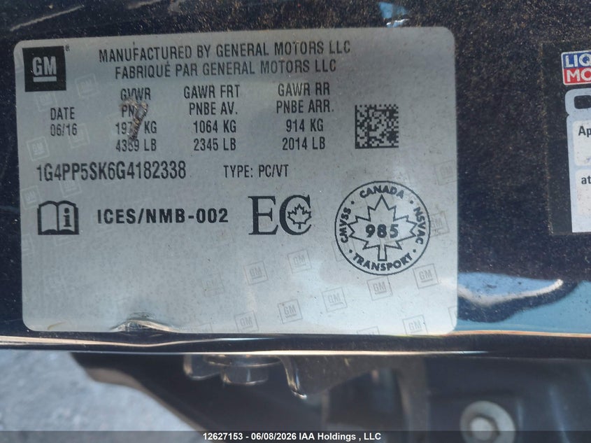 2016 Buick Verano VIN: 1G4PP5SK6G4182338 Lot: 12627153X