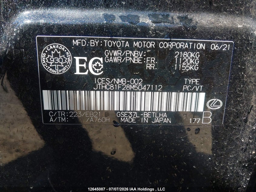 2021 Lexus Is 300 300 VIN: JTHC81F28M5047112 Lot: 12645087