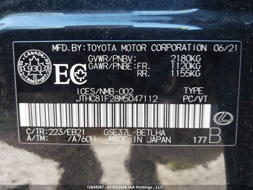 2021 Lexus Is 300 300 VIN: JTHC81F28M5047112 Lot: 12645087