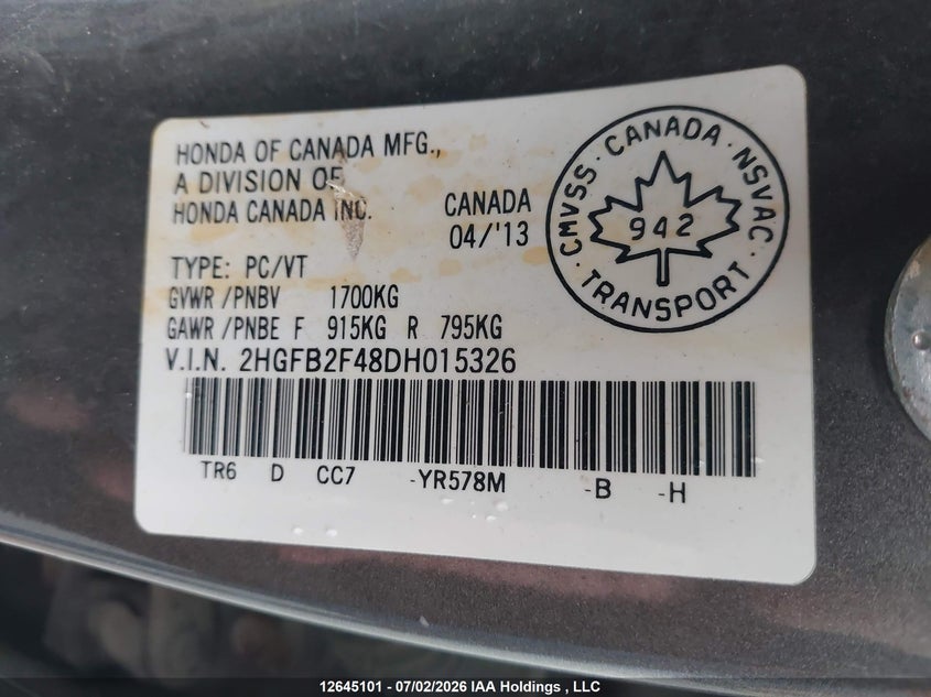 2013 HONDA CIVIC SEDAN 1.8L I-4 VVT, 140HP