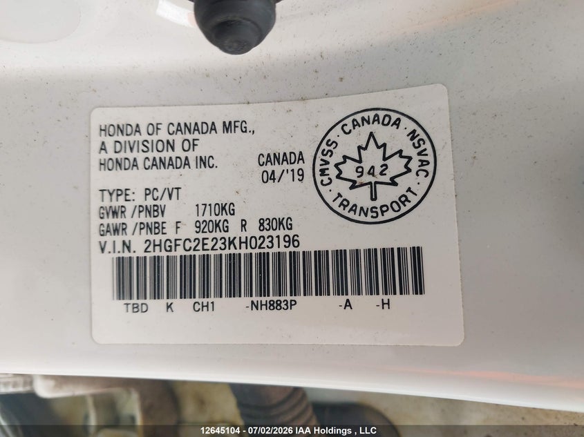 2019 HONDA CIVIC SEDAN 2.0L I-4 DOHC, VVT, 158HP