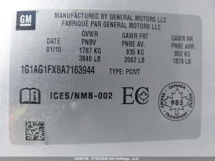 2010 Chevrolet Cobalt Ss VIN: 1G1AG1FX8A7163944 Lot: 12645195
