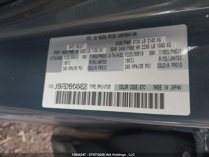 2021 Mazda Cx-5 Touring VIN: JM3KFBCM5M0464528 Lot: 12645247