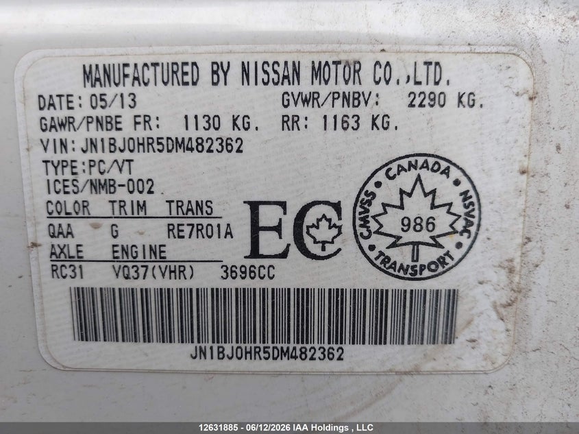 2013 Infiniti Ex37 Luxury VIN: JN1BJ0HR5DM482362 Lot: 12631885X
