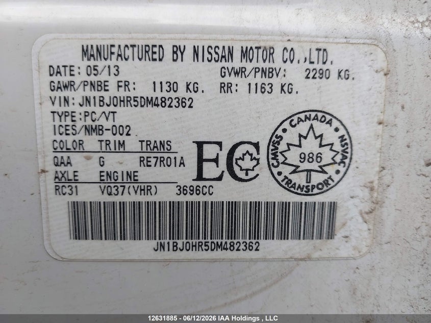 2013 Infiniti Ex37 Luxury VIN: JN1BJ0HR5DM482362 Lot: 12631885X