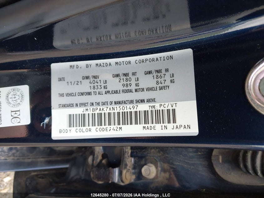 2022 Mazda 3 Select VIN: JM1BPAK7XN1501497 Lot: 12645280